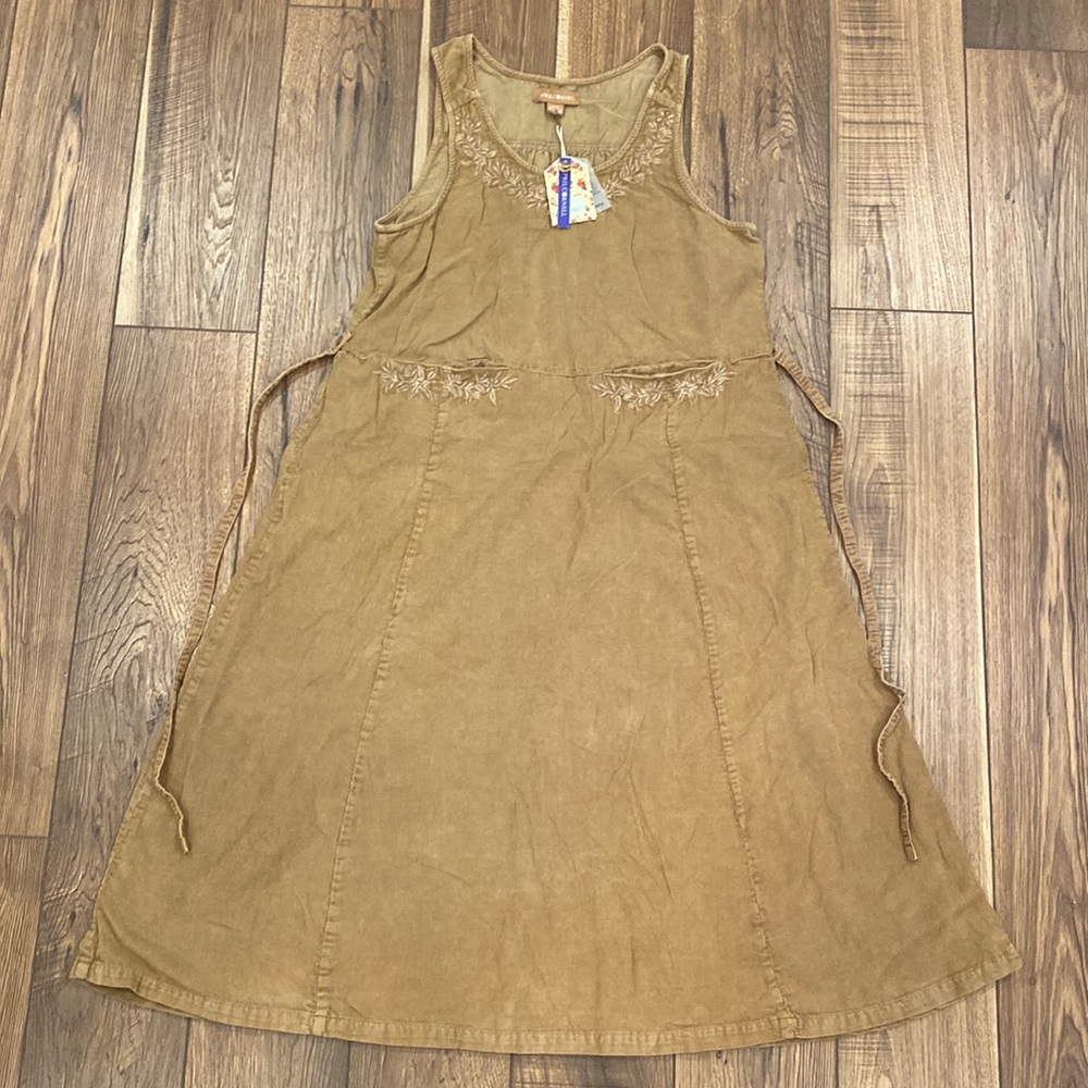 NWT XXS April Cornell 100% Cotton Wheat Corduroy Sun Dress Embroidered Tie Waist